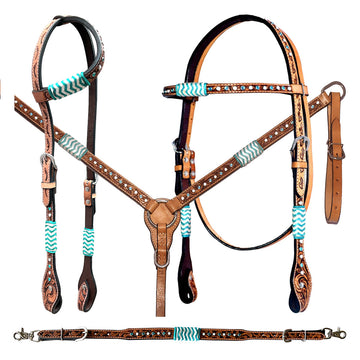 Bar H Equine American Leather Horse Saddle Tack One Ear Headstall | Breast Collar Browband Wither Strap Set BER209